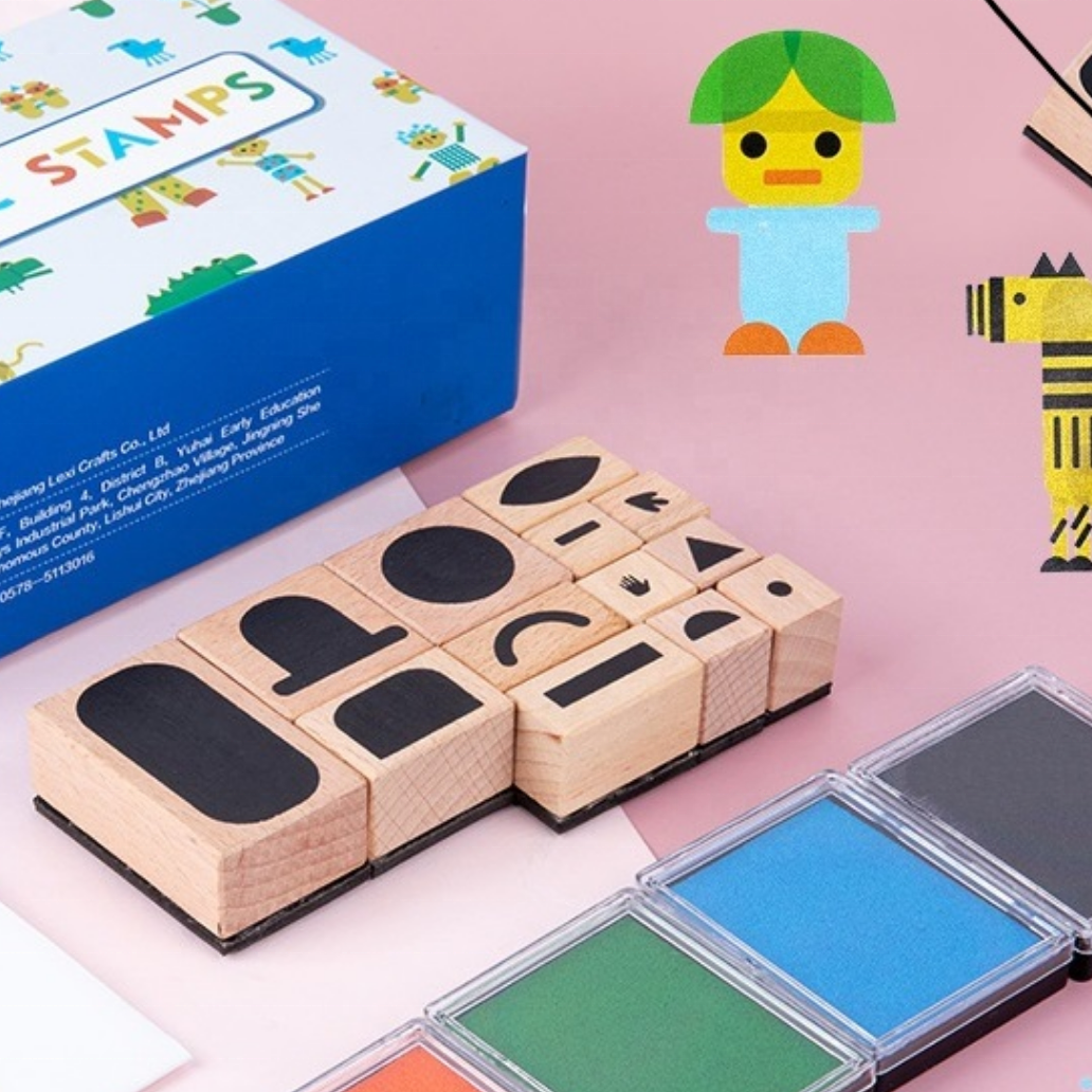 Funny DIY Drawing Shape Educational Toy Kindergarten Montessori Colorful Wooden Stamps for Kids Gift