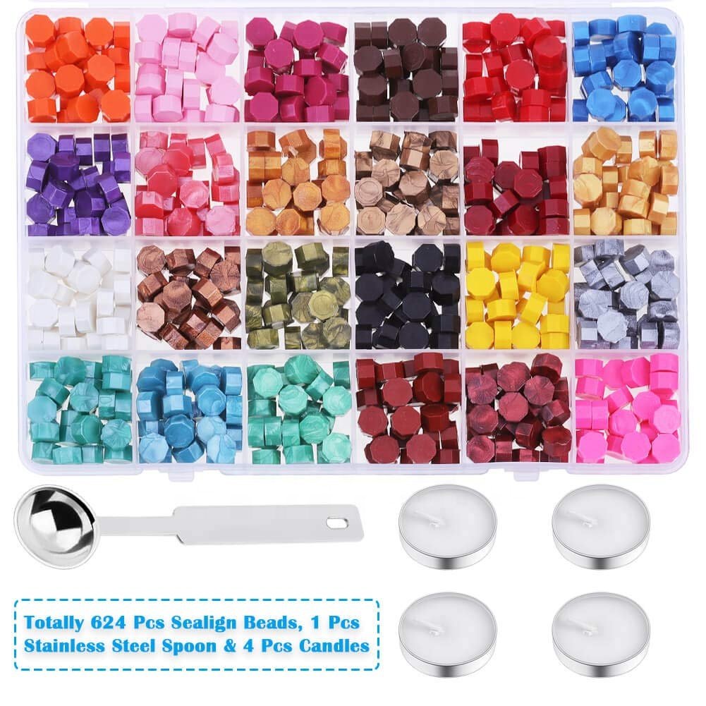 624Pcs Sealing Wax Beads, Sealing Wax for Wax Seal Stamp, Hexagon Wax Seal Beads with A Wax Spoon and 4Pcs Tea Candles 24 Color