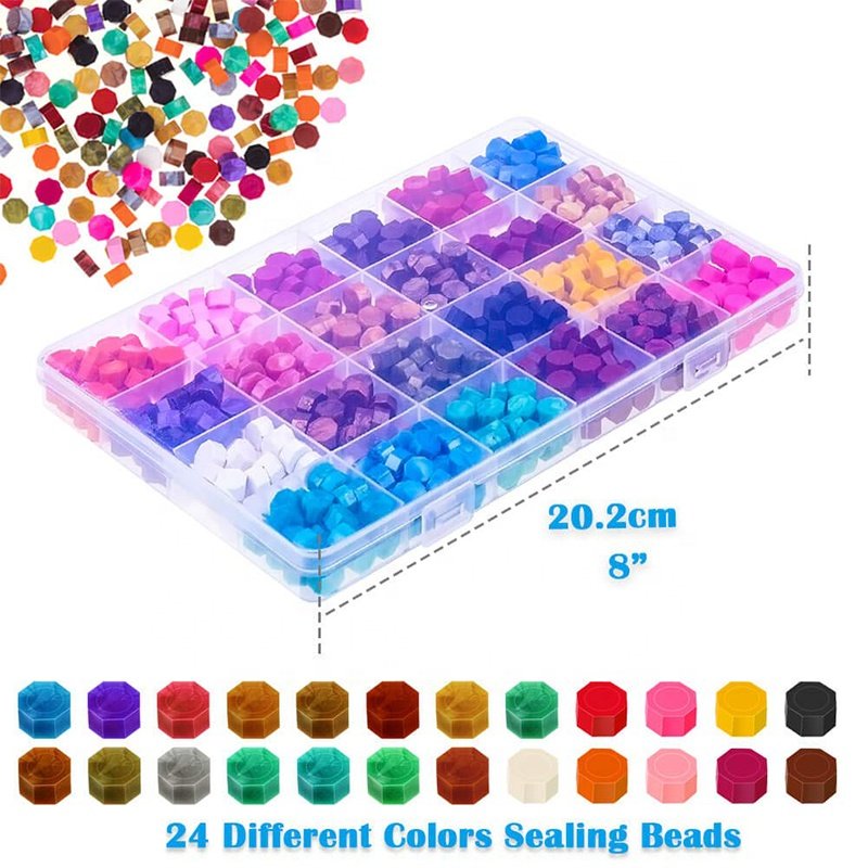624Pcs Sealing Wax Beads, Sealing Wax for Wax Seal Stamp, Hexagon Wax Seal Beads with A Wax Spoon and 4Pcs Tea Candles 24 Color