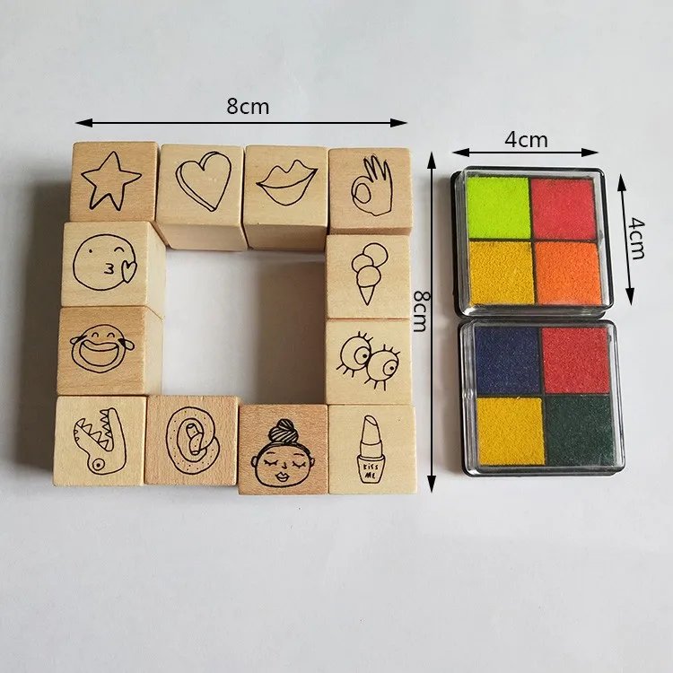 12 Pcs Rubber Diary Wood Stamps with four colors ink pads for baby