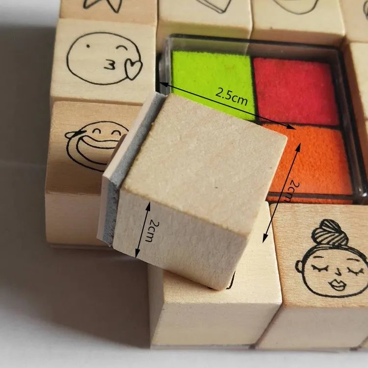12 Pcs Rubber Diary Wood Stamps with four colors ink pads for baby