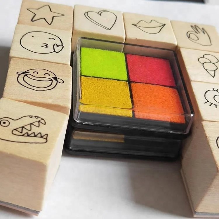 12 Pcs Rubber Diary Wood Stamps with four colors ink pads for baby