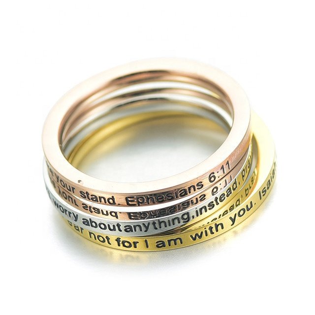 Yiwu Aceon Stainless Steel Flat Comfort Fit Flat Band Stack Wear Personalized Stamped Spiritual Bible Scripture Ring