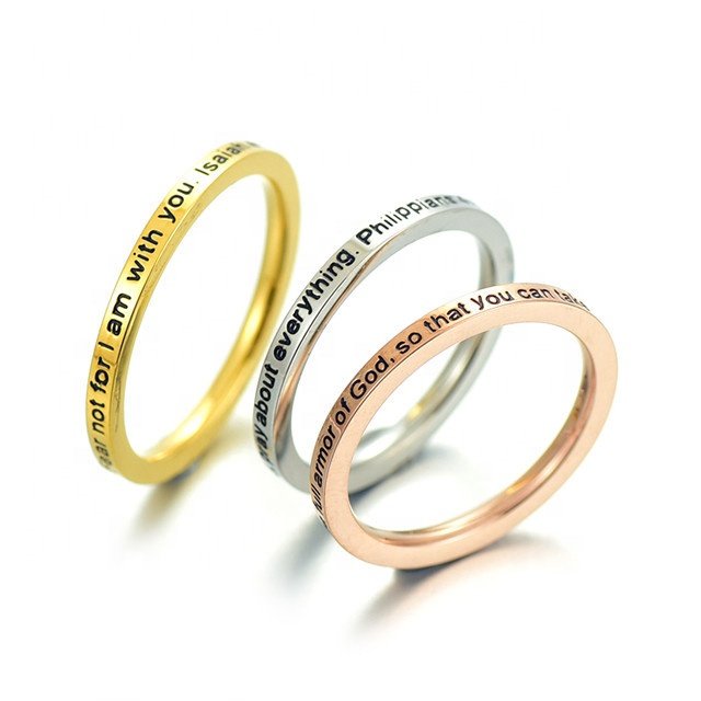 Yiwu Aceon Stainless Steel Flat Comfort Fit Flat Band Stack Wear Personalized Stamped Spiritual Bible Scripture Ring