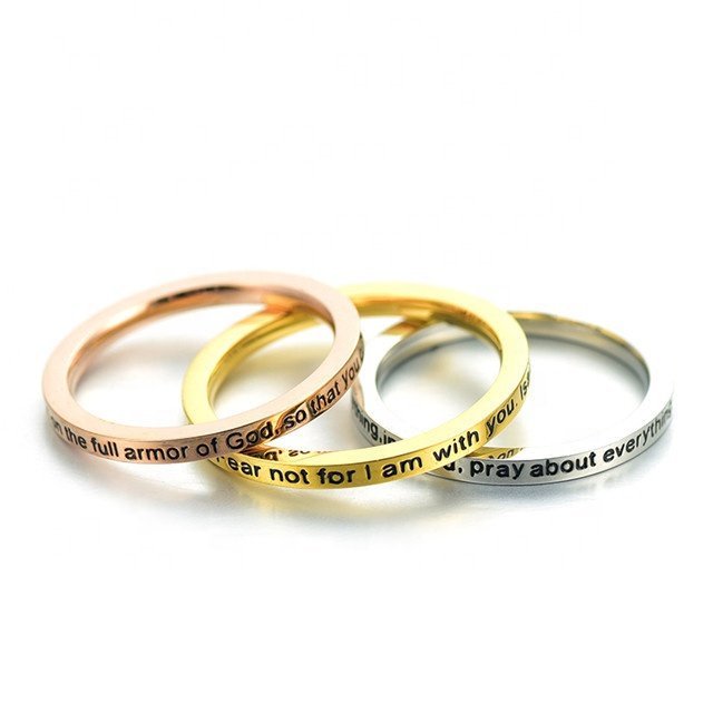 Yiwu Aceon Stainless Steel Flat Comfort Fit Flat Band Stack Wear Personalized Stamped Spiritual Bible Scripture Ring