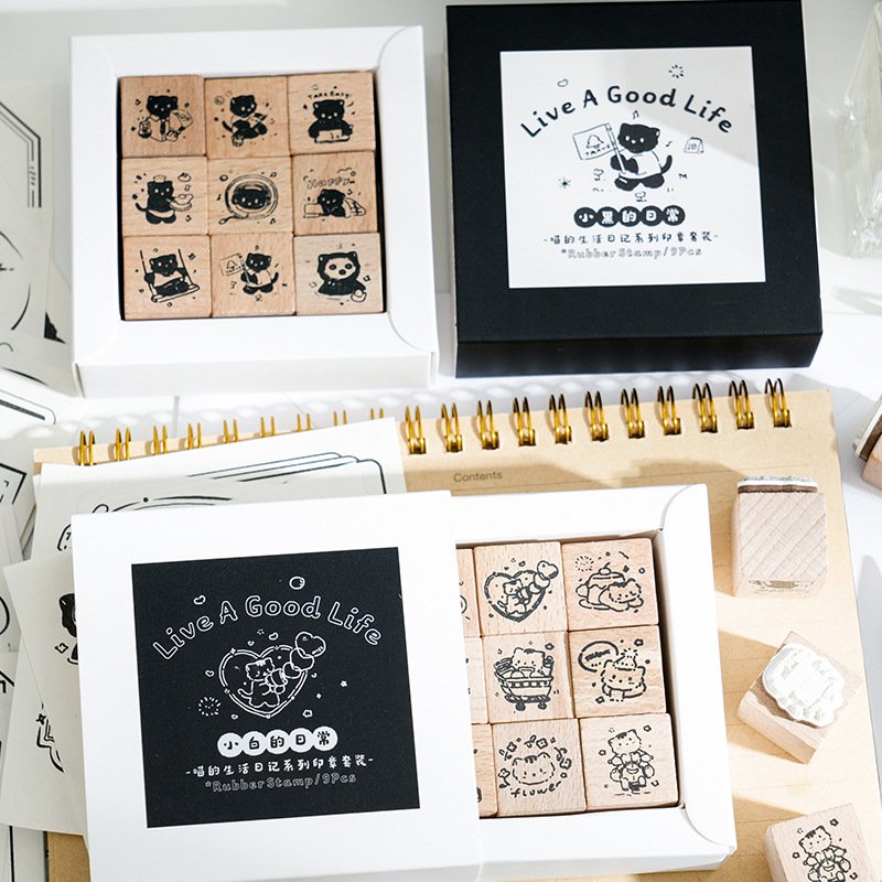 9pcs/box Stamp Set Meow's Life Diary Series Cute Cartoon Beechwood Handbook Decoration Stamps