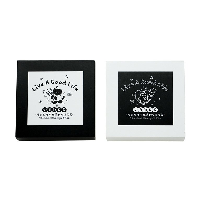 9pcs/box Stamp Set Meow's Life Diary Series Cute Cartoon Beechwood Handbook Decoration Stamps