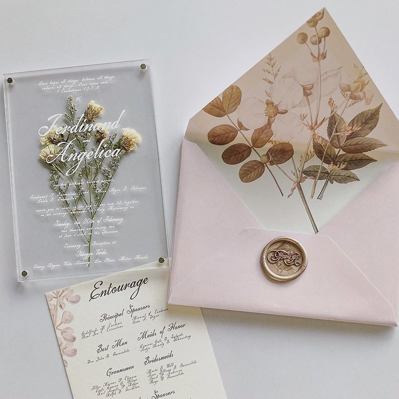 Floral beige acrylic invitations wedding invitation card with Wax Seal and Dried Flowers for party convite de casamento