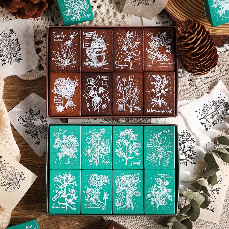 Wholesale creative retro plant rubber diary DIY decorative printing floral wooden stamp seal set