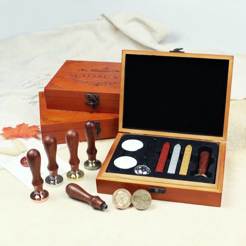 Custom Wax Seal Stamp Kit, Wooden Box Sealing Wax Stamp Set