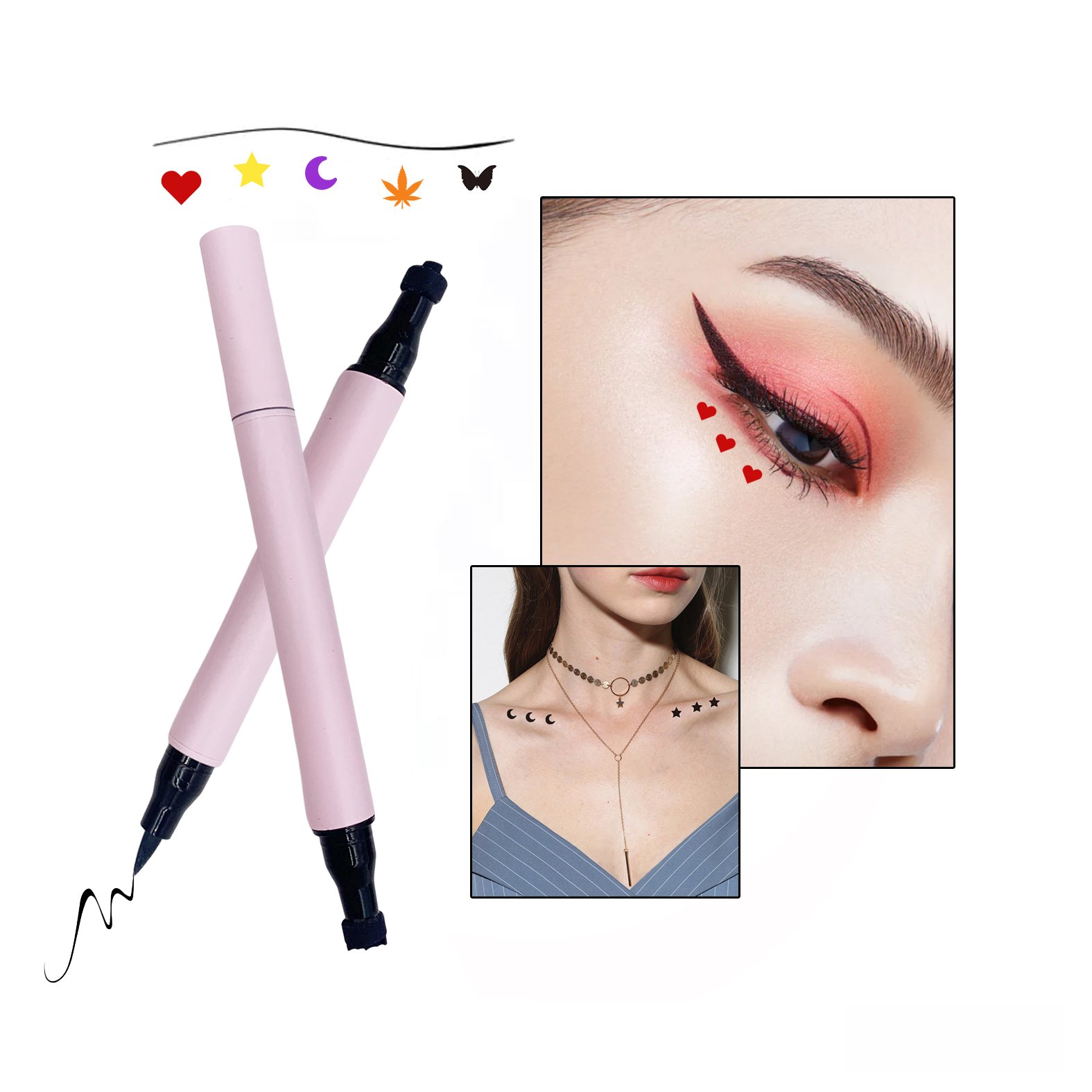 New Vegan Makeup Double-headed Eyeliner Ink Stamp Pen Waterproof Longlasting Liquid Heart Stamp Seal Eyeliner Pen Eye Beauty