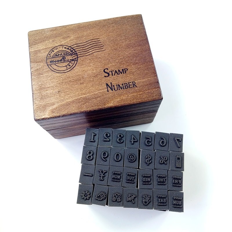 28 pcs/box Number Weather Week Wood Dairy Stamp Box Hand Writing Stamp Antique Wooden Rubber Stamp With Case