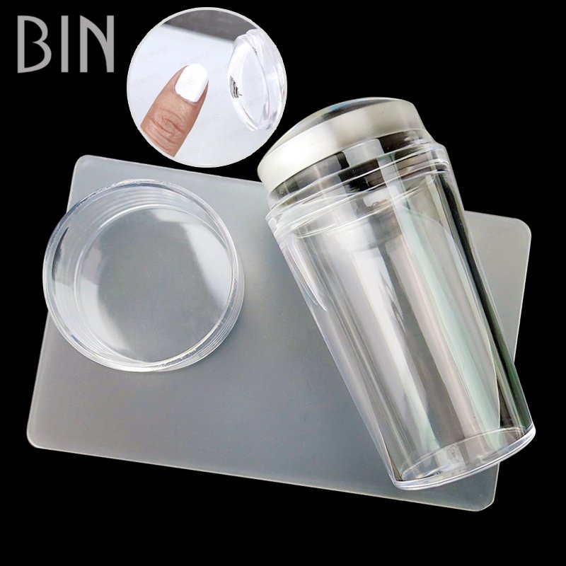 BIN 2.8cm Transparent Nail Stamper With Scraper Jelly Silicone Head Stamp for French Nails Printing Nail Art Stamping Plate