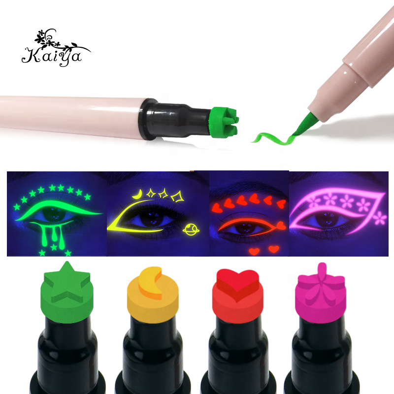 Private Label Makeup Dual End Neon UV Glow In The Dark Fluorescent Purple Eye Liner Flick Flower Heart Tattoo Eyeliner Stamp