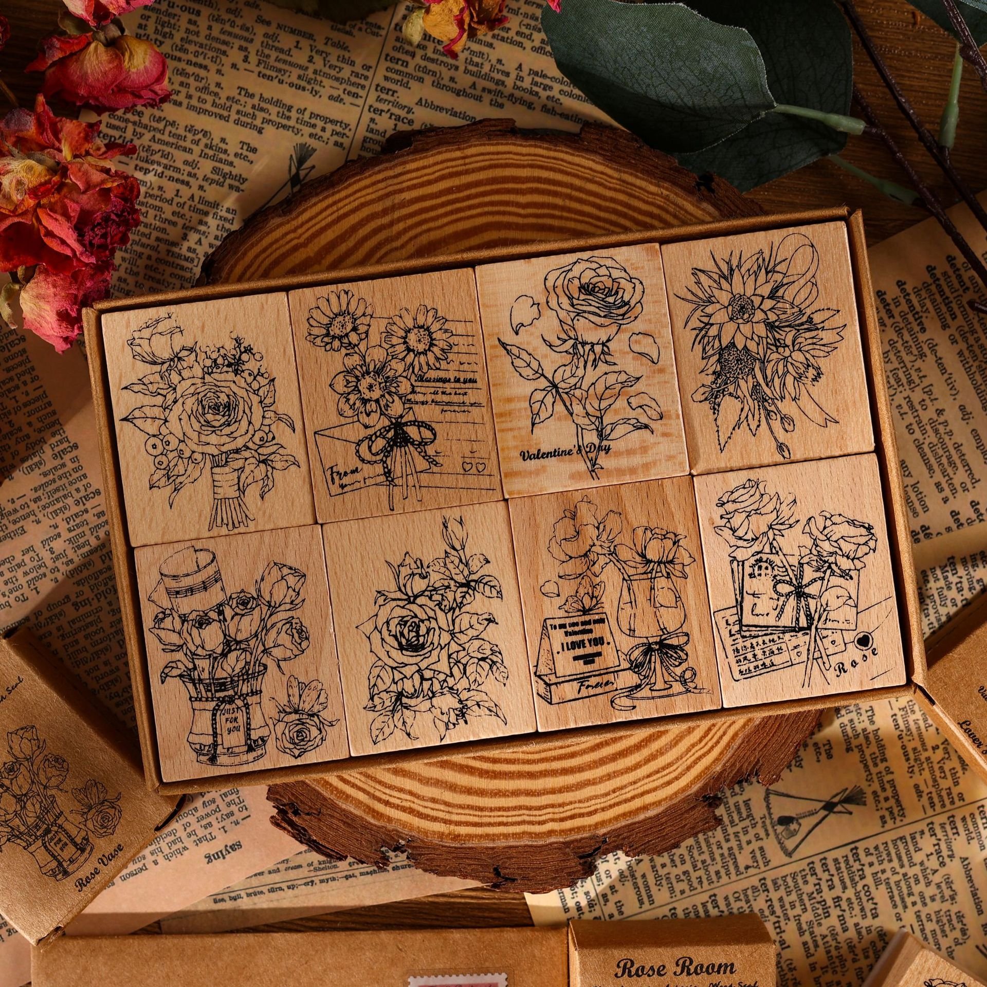 Wholesale creative retro plant hand account rubber diary DIY decorative printing Vintage Flower Rose wooden stamp seal set