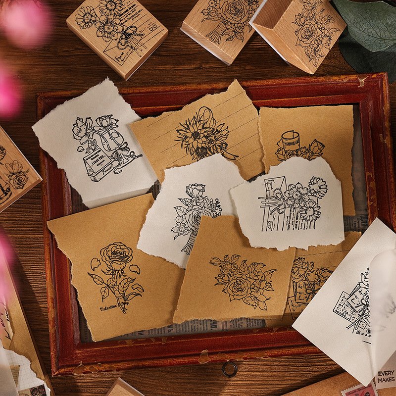 Wholesale creative retro plant hand account rubber diary DIY decorative printing Vintage Flower Rose wooden stamp seal set