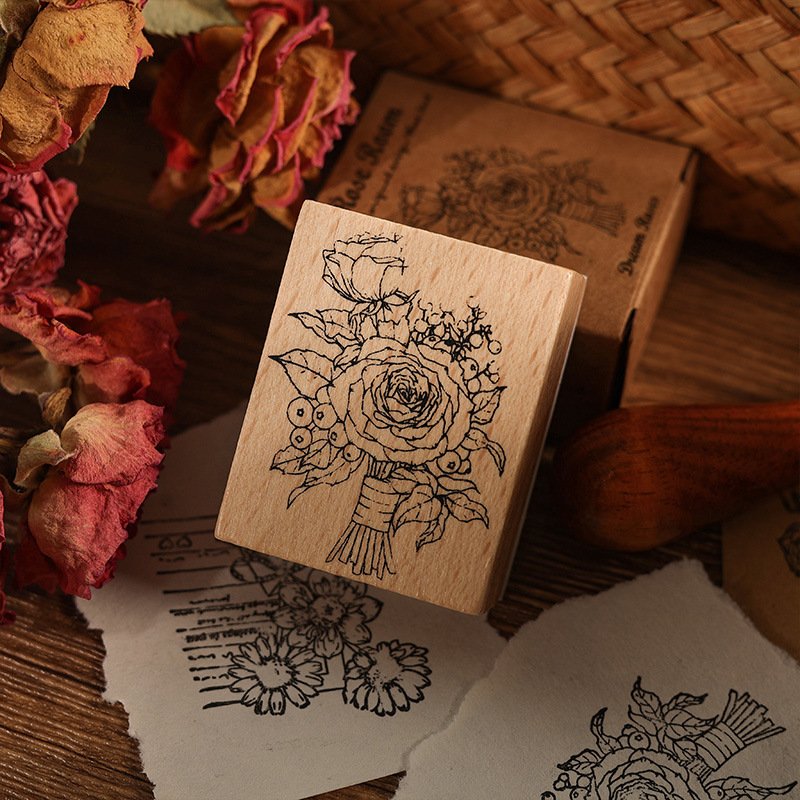 Wholesale creative retro plant hand account rubber diary DIY decorative printing Vintage Flower Rose wooden stamp seal set