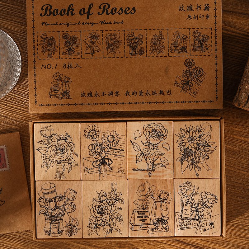 Wholesale creative retro plant hand account rubber diary DIY decorative printing Vintage Flower Rose wooden stamp seal set