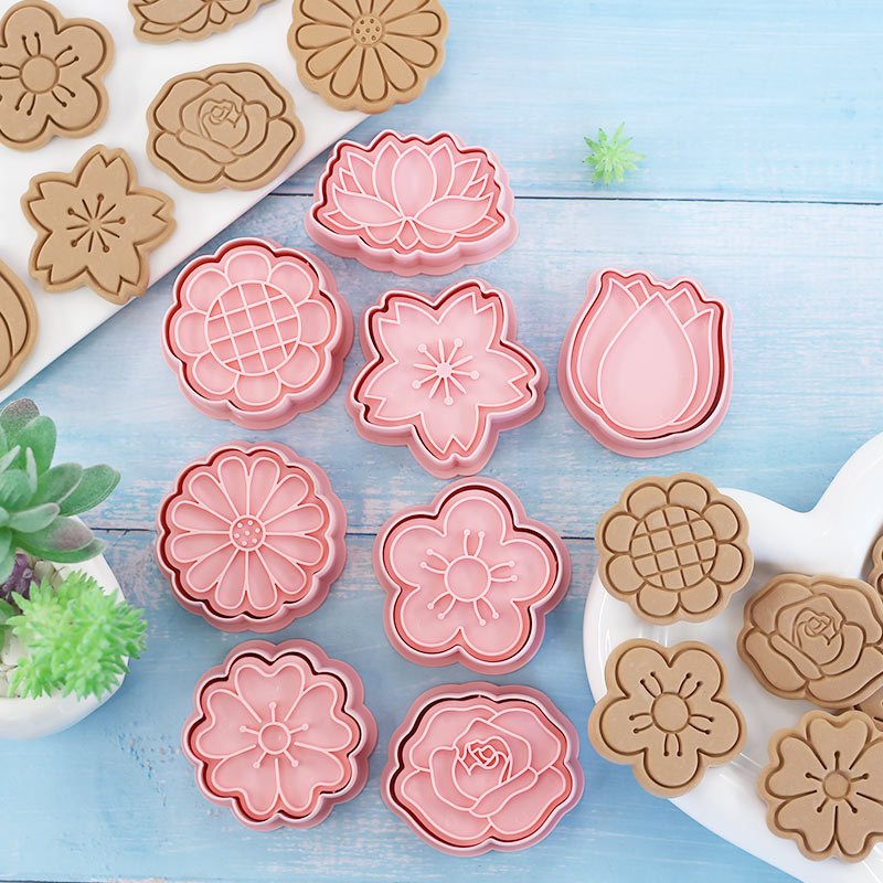 8 Pcs/set Flower Shape Cookie molds Set Floral Rose Lotus Cherry Blossom Plum Sunflower Fondant Stamps Cookie Cutters