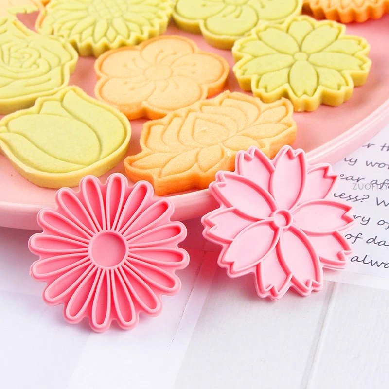 8 Pcs/set Flower Shape Cookie molds Set Floral Rose Lotus Cherry Blossom Plum Sunflower Fondant Stamps Cookie Cutters