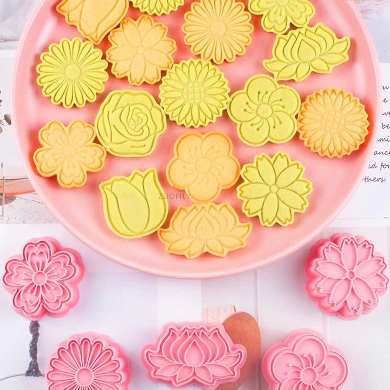 8 Pcs/set Flower Shape Cookie molds Set Floral Rose Lotus Cherry Blossom Plum Sunflower Fondant Stamps Cookie Cutters