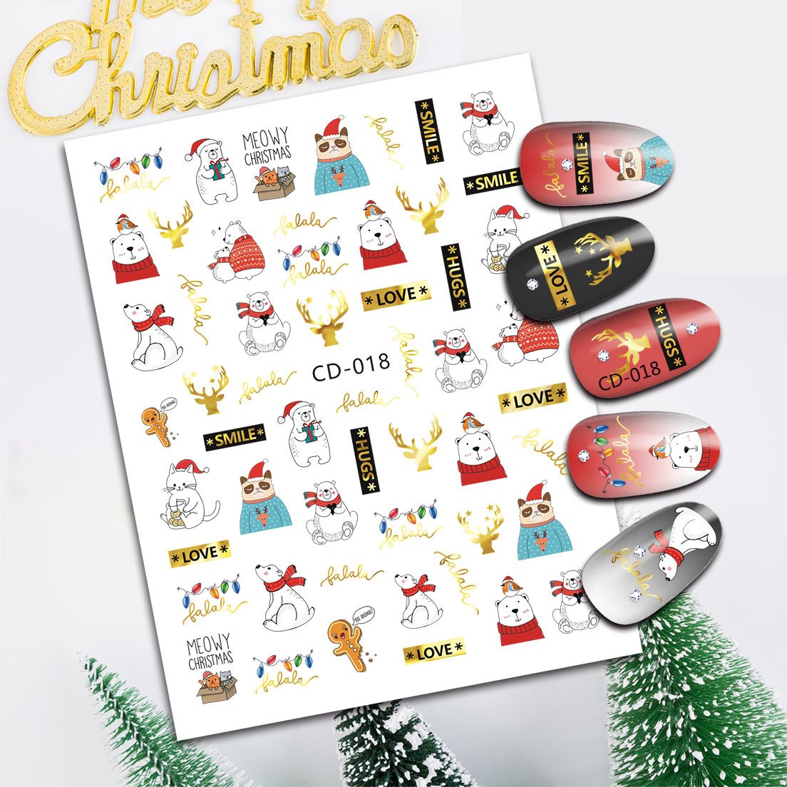 3D Cartoon Nail Christmas tree snowflake Elk socks accessories stainless stamped Nail Tattoo Manicure Decorations nail wraps
