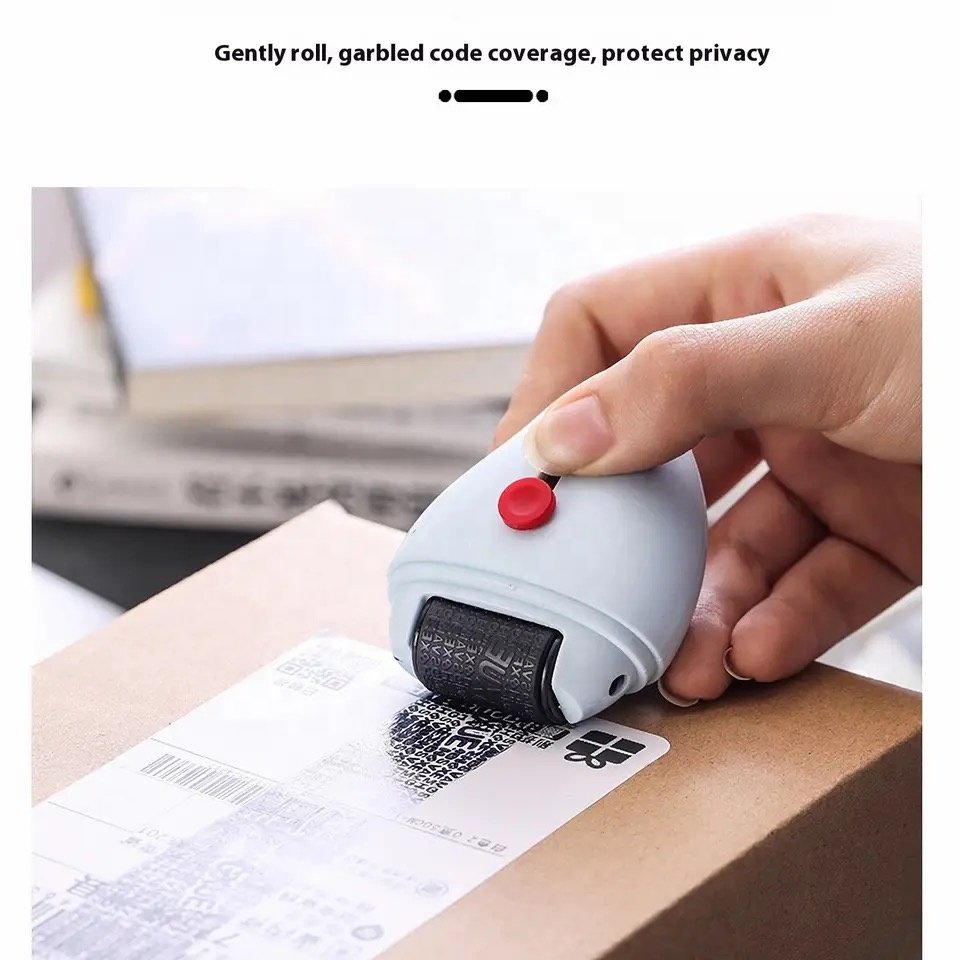 Theft protection self-inking roller stamp for privacy confidential data guard with knife