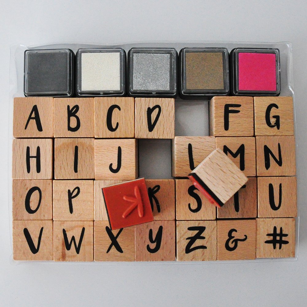 Wooden alphabet stamps set 28 stamps and 5 ink pads