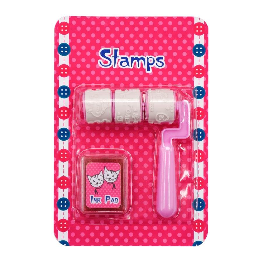 IN42807 Cute kids toy foam roller stamp with ink pad set , self-inking rolling stamp