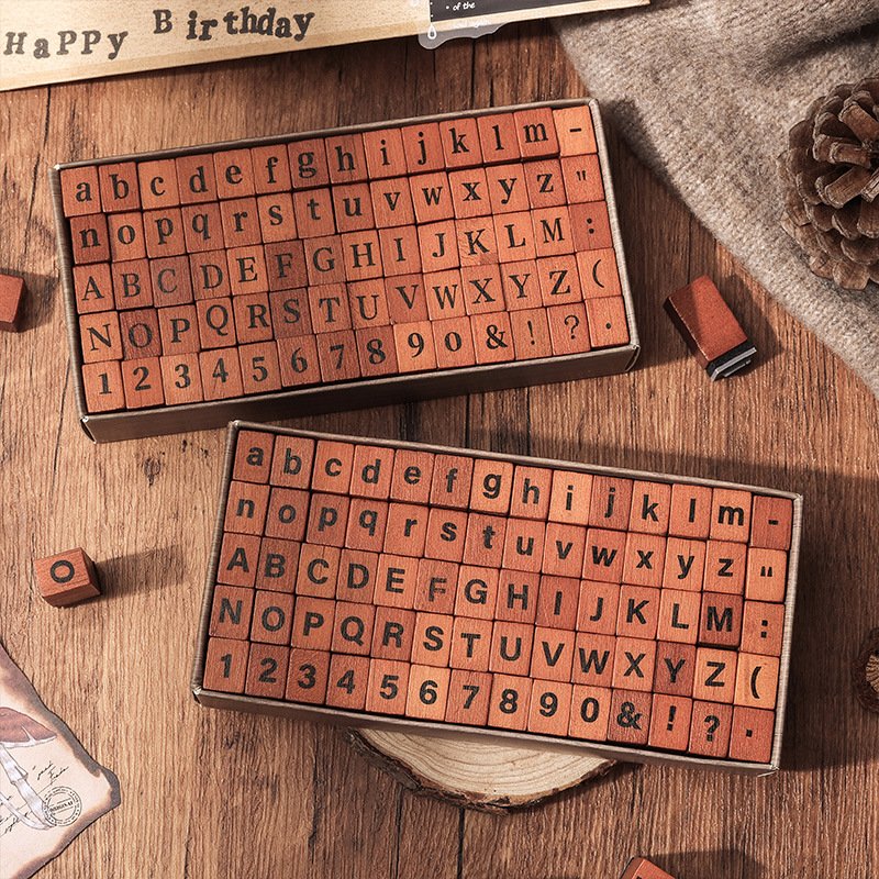 70pcs/in Time Stamps English Wooden Handbook Stamps Cross-border Vintage Alphanumeric Combination Handbook Stamps