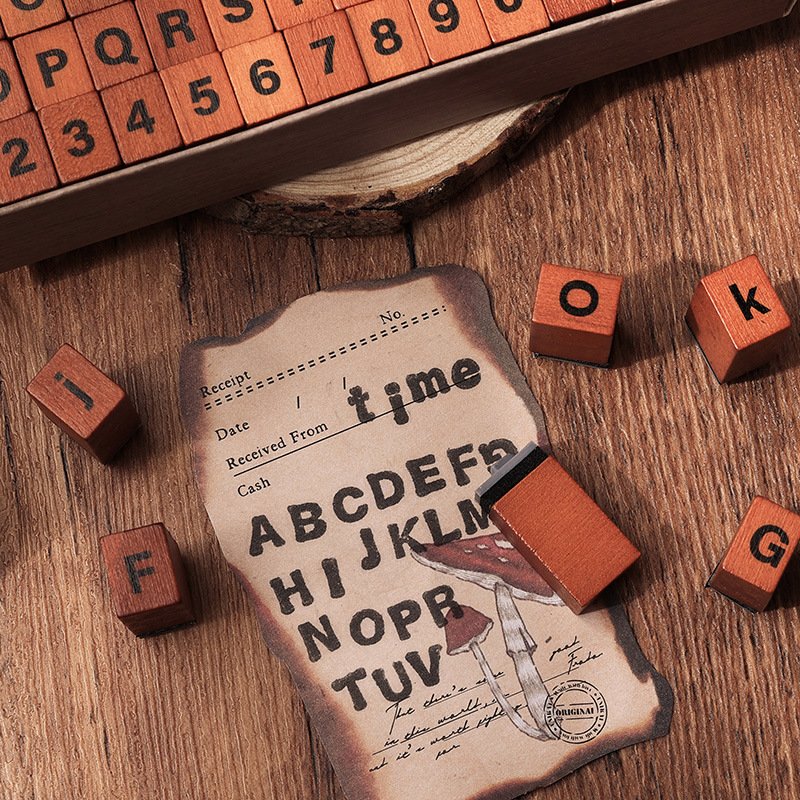 70pcs/in Time Stamps English Wooden Handbook Stamps Cross-border Vintage Alphanumeric Combination Handbook Stamps
