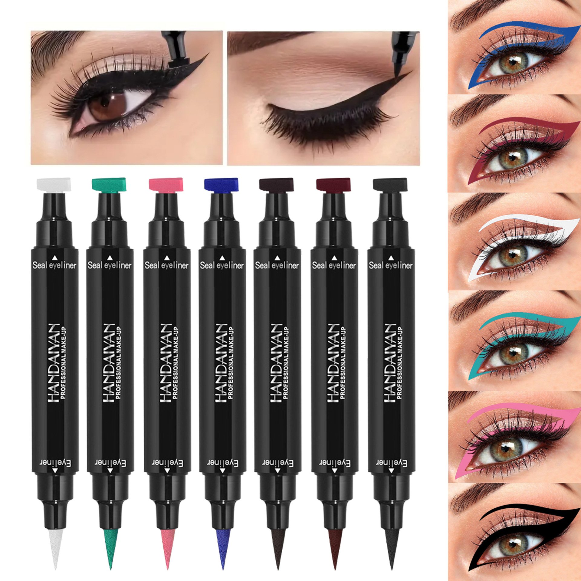 2 IN1 Winged Stamp Colored Liquid Eyeliner Pen Waterproof Fast Dry Double-ended Black Blue Pink Brown Seal Eye Liner MakeUp Tool