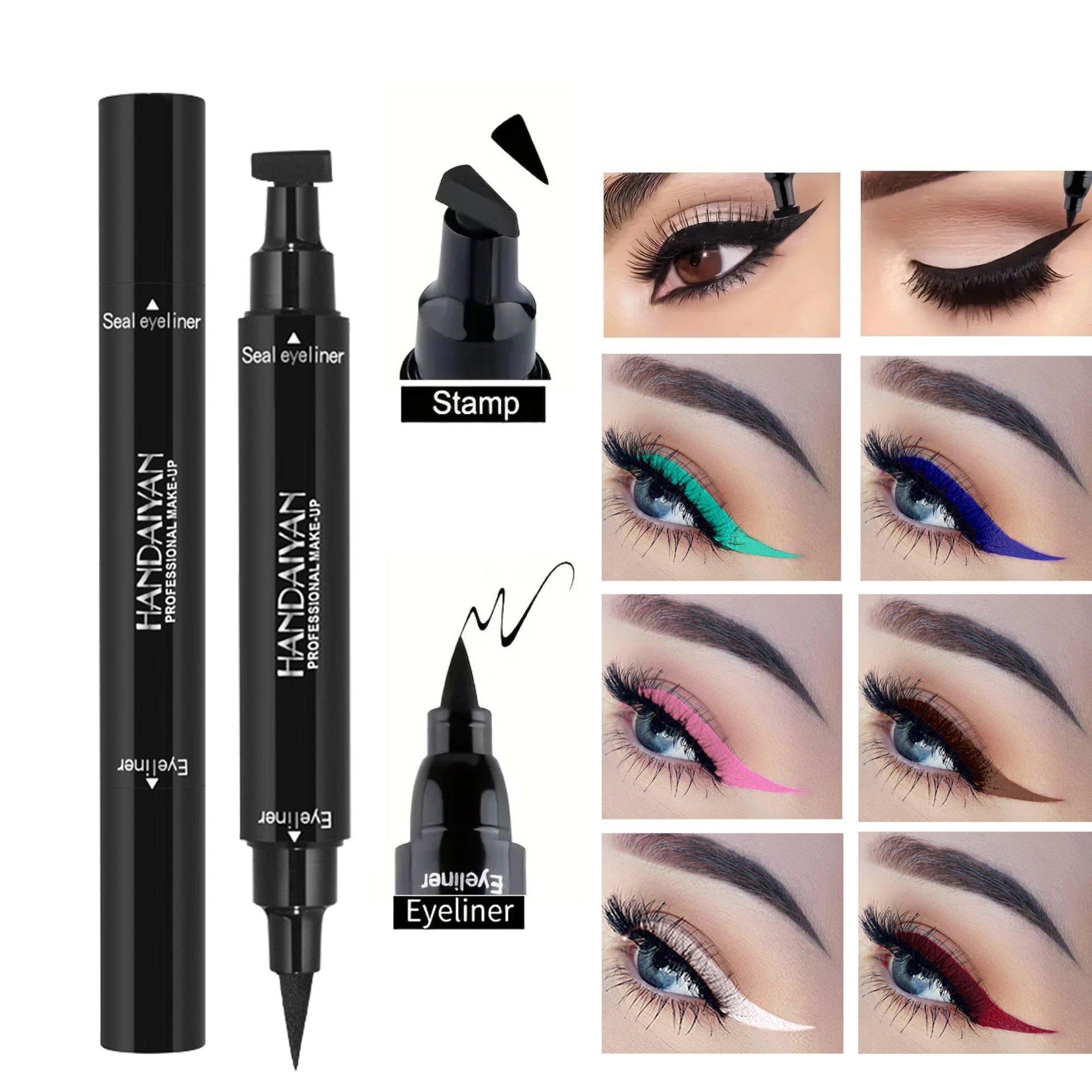 2 IN1 Winged Stamp Colored Liquid Eyeliner Pen Waterproof Fast Dry Double-ended Black Blue Pink Brown Seal Eye Liner MakeUp Tool