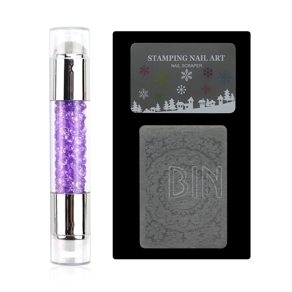 BIN Double 2 in 1 Nail Stamper Silicone Stamp Head White Clear Jelly Stamp Rhinestone Pen Shape for Manicure Nail Art
