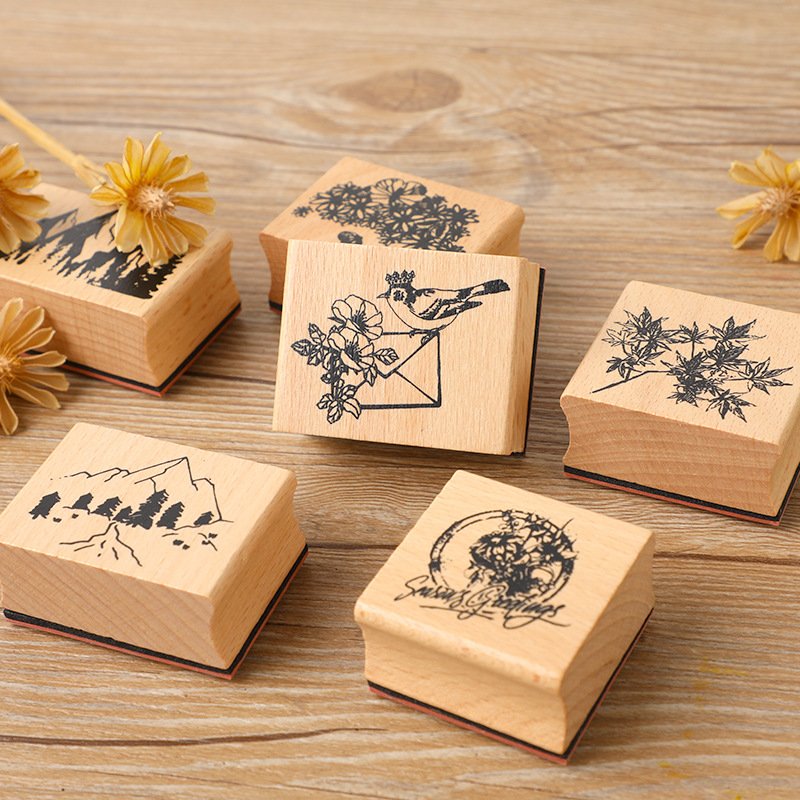 Customized 8PCS Mountains And Forests Handbook Stamps DIY Vintage Nature Scenery Literary Daily Decorative Wooden Stamps