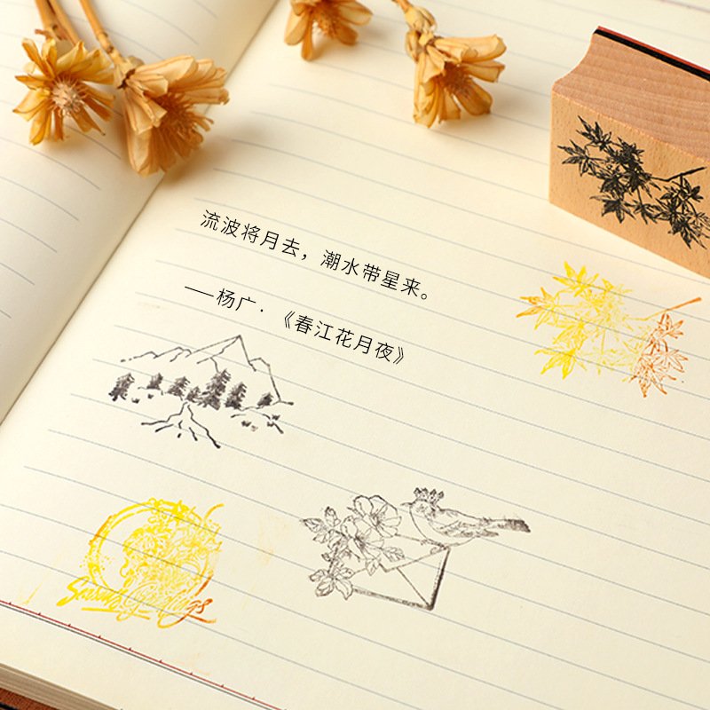 Customized 8PCS Mountains And Forests Handbook Stamps DIY Vintage Nature Scenery Literary Daily Decorative Wooden Stamps