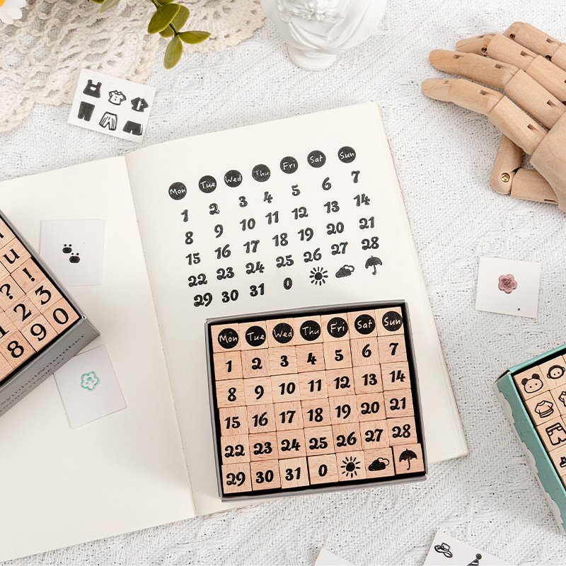 Mini Wooden Seal Creative Digital Alphabet stamps Geometric Shapes Happy Party Series Hand Account Seal Set 42 Pieces