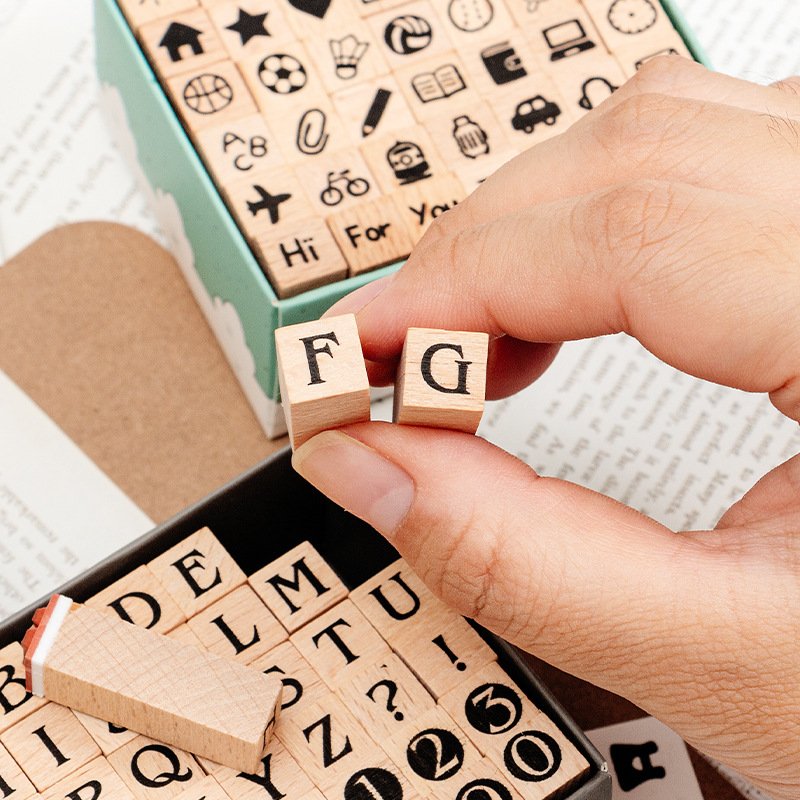 Mini Wooden Seal Creative Digital Alphabet stamps Geometric Shapes Happy Party Series Hand Account Seal Set 42 Pieces