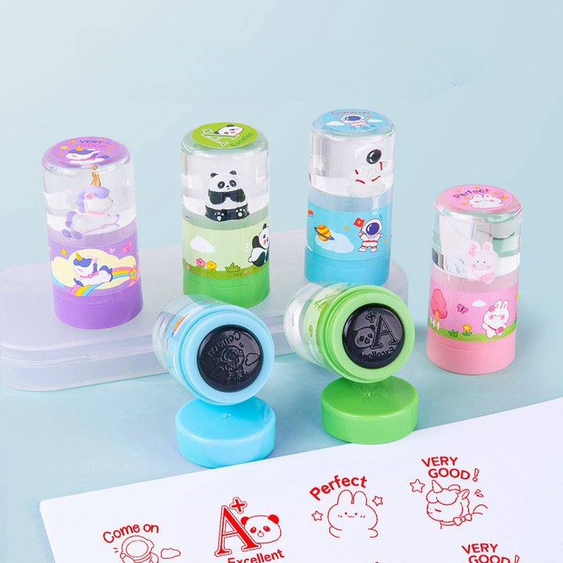 Kojoy Photosensitive Teacher Custom logo Kid Stamp Personalized Pastel Round Self Inking Flash Stamps Sello