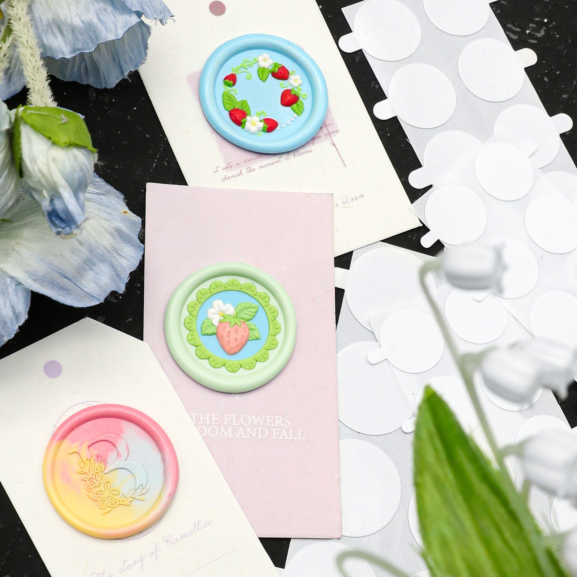 White Double Sided round Adhesive Stickers Plastic Material for Office and Decoration Use Includes Tub for Wax Seal