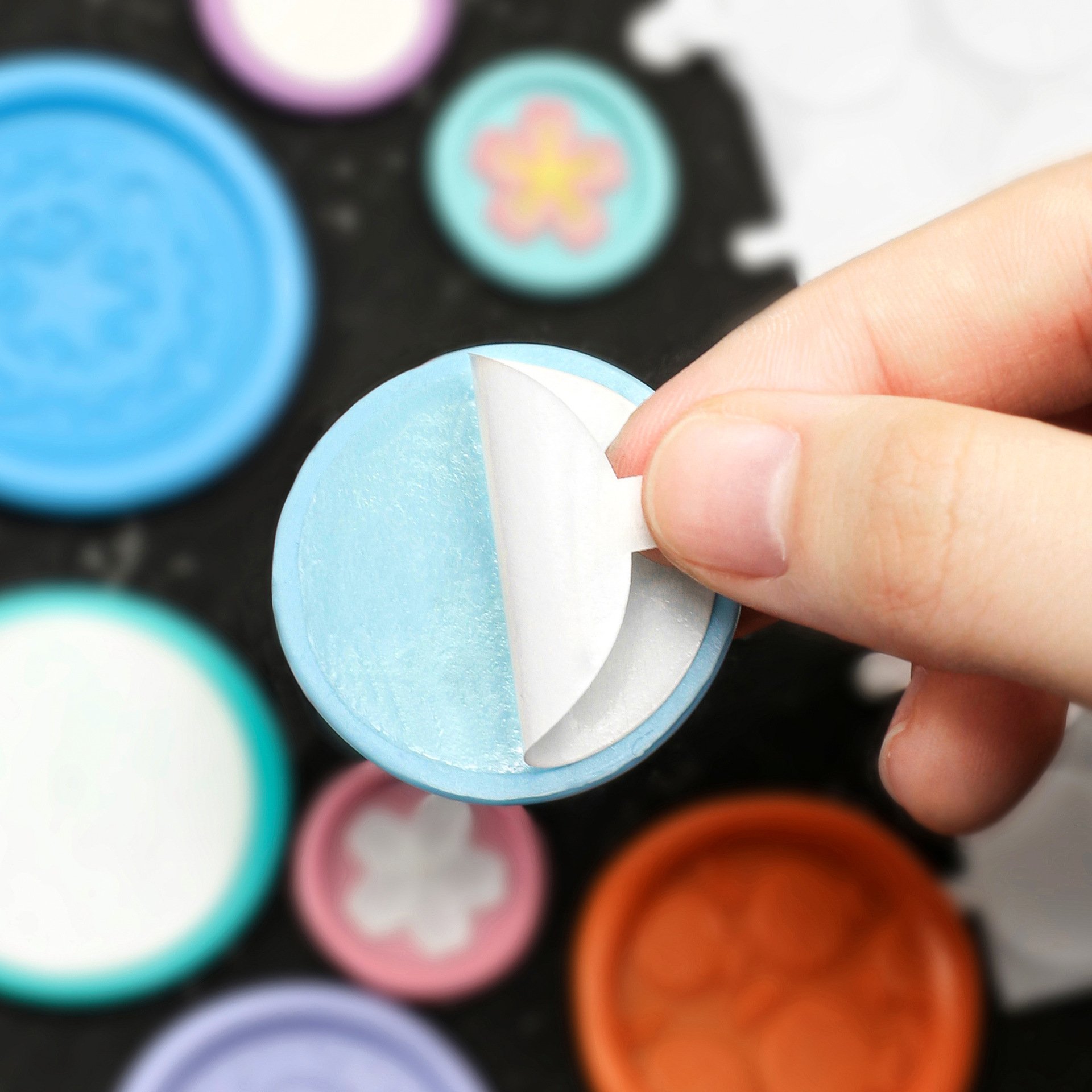 White Double Sided round Adhesive Stickers Plastic Material for Office and Decoration Use Includes Tub for Wax Seal