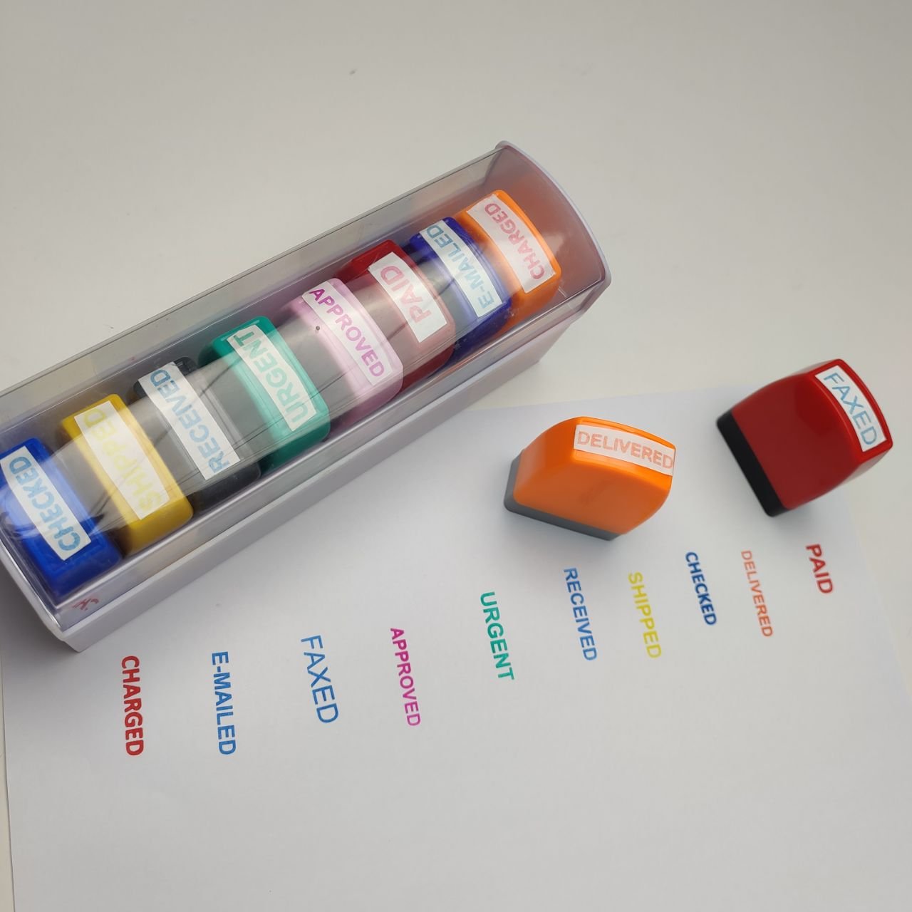 8 in 1 Plastic Colorful Self Inking Stamps Office Use Financial Accountant Flash Stamps Custom Stamp Set
