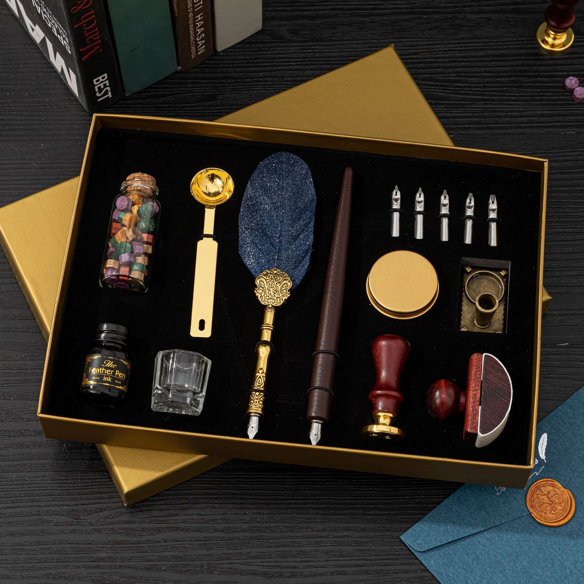 Feather Pen Retro Calligraphy Pen Set Tube Pen Feather Notebook Wax Seal Stationery Gift Box
