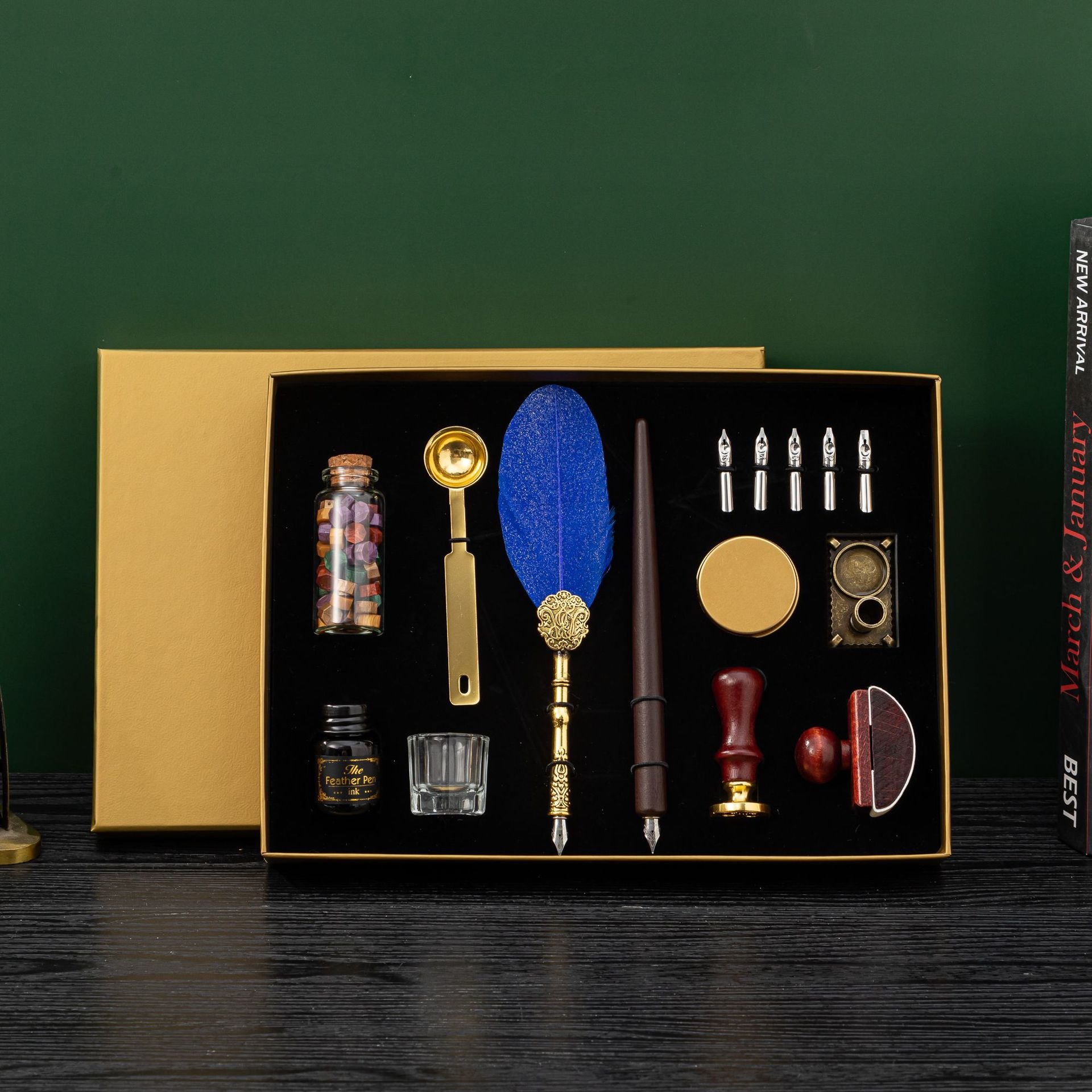 Feather Pen Retro Calligraphy Pen Set Tube Pen Feather Notebook Wax Seal Stationery Gift Box