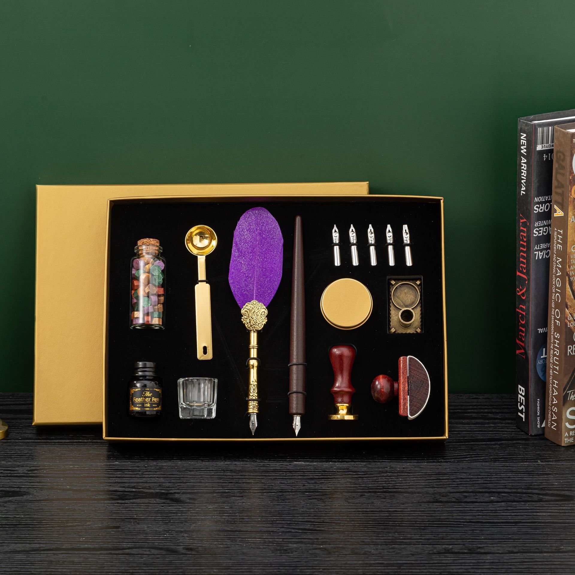 Feather Pen Retro Calligraphy Pen Set Tube Pen Feather Notebook Wax Seal Stationery Gift Box