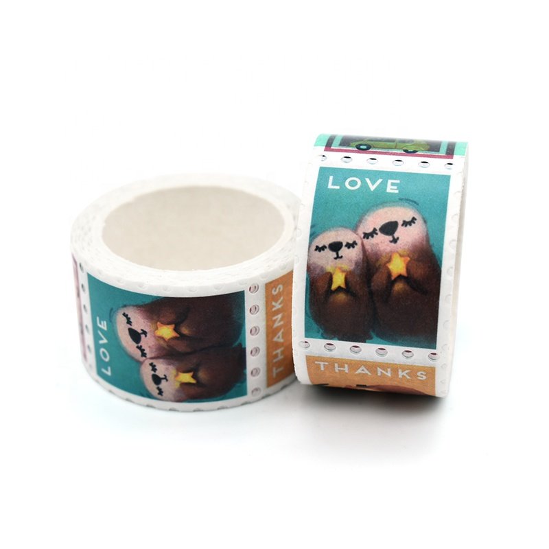 High Quality Vintage Type Decorative Wasabi Tape Custom Printed Die Cut Masking Postage Stamp Stickers with High Rubber Adhesive