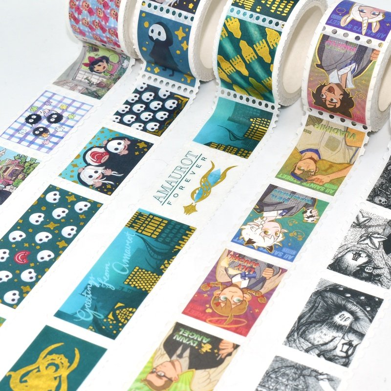 High Quality Vintage Type Decorative Wasabi Tape Custom Printed Die Cut Masking Postage Stamp Stickers with High Rubber Adhesive