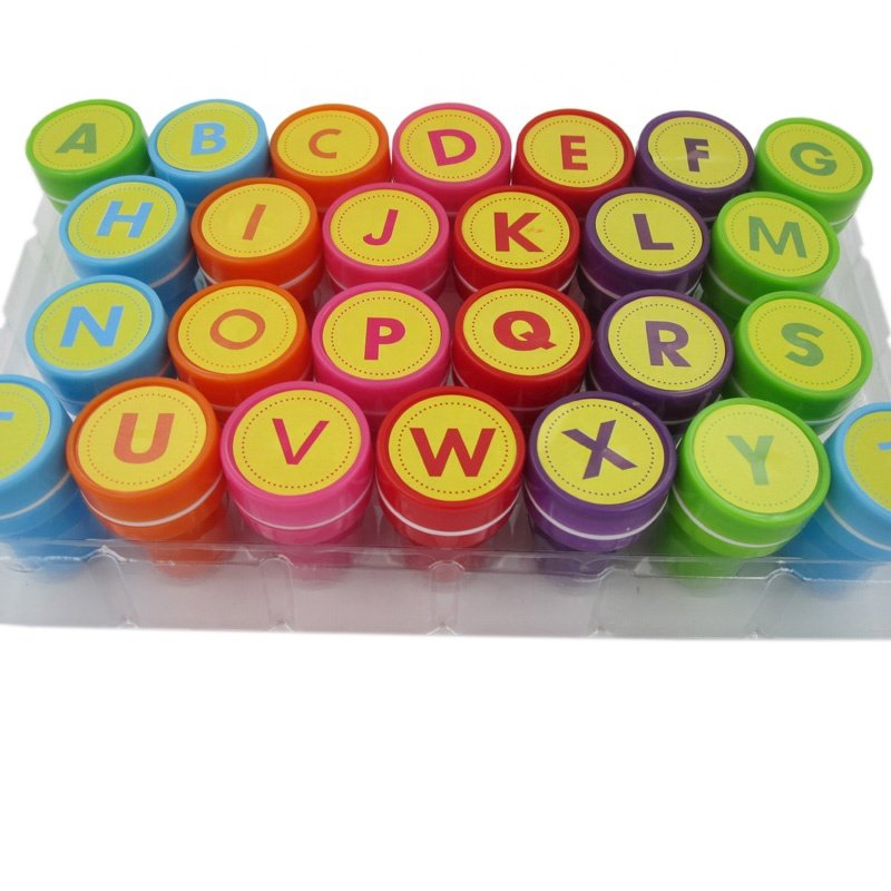 Custom Cartoon Quality Round Shape 26 Alphabet Stamps 26 Letters Kids Stamp With Slef-inking
