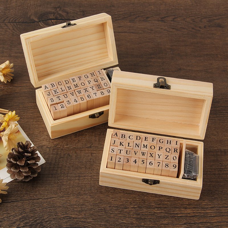 Creative Stationery Retro Alphabet English Number Letter Wooden Box DIY Decorative Stamp