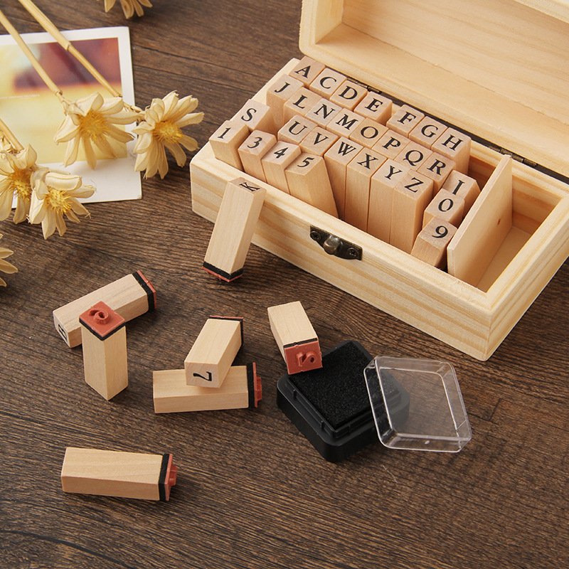 Creative Stationery Retro Alphabet English Number Letter Wooden Box DIY Decorative Stamp